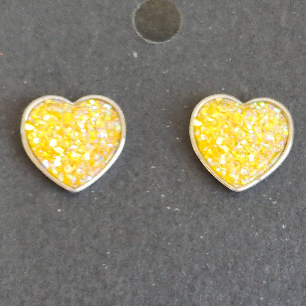 5/$25 Yellow Heart Shaped Druzy Earring Iridescent Studs Hearts Glitter NEW